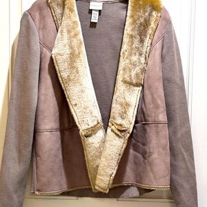 Women’s, tan sweater jacket with furry collar, XL